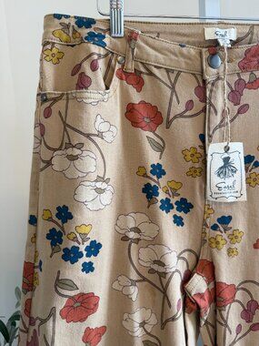 EASEL FLORAL PRINTED WASHED STRETCH TWILL PANTS 75%COTTON 23%POLY 2%SPAN